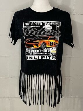 On Fire Black Fringe Tee with Orange Racing Car Graphic